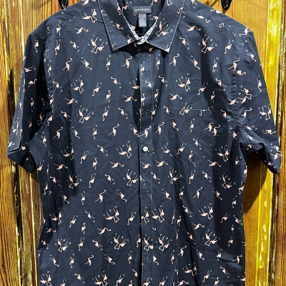 Van Heusen Navy Short-Sleeve Button-Down Shirt with Pink Flamingo Print